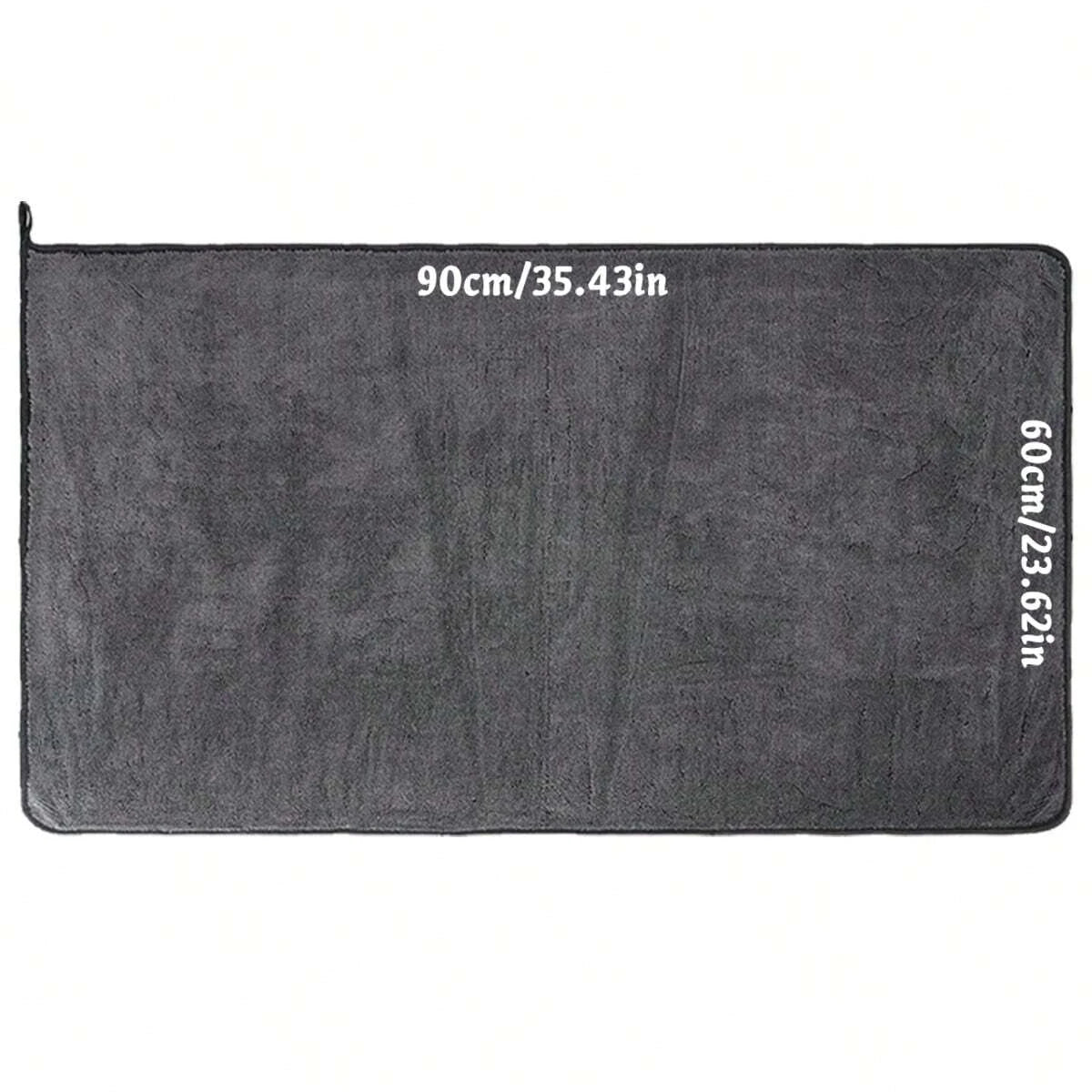 A rectangular dark gray microfiber car drying towel with dimensions 90cm/35.43in and 60cm/23.62in.