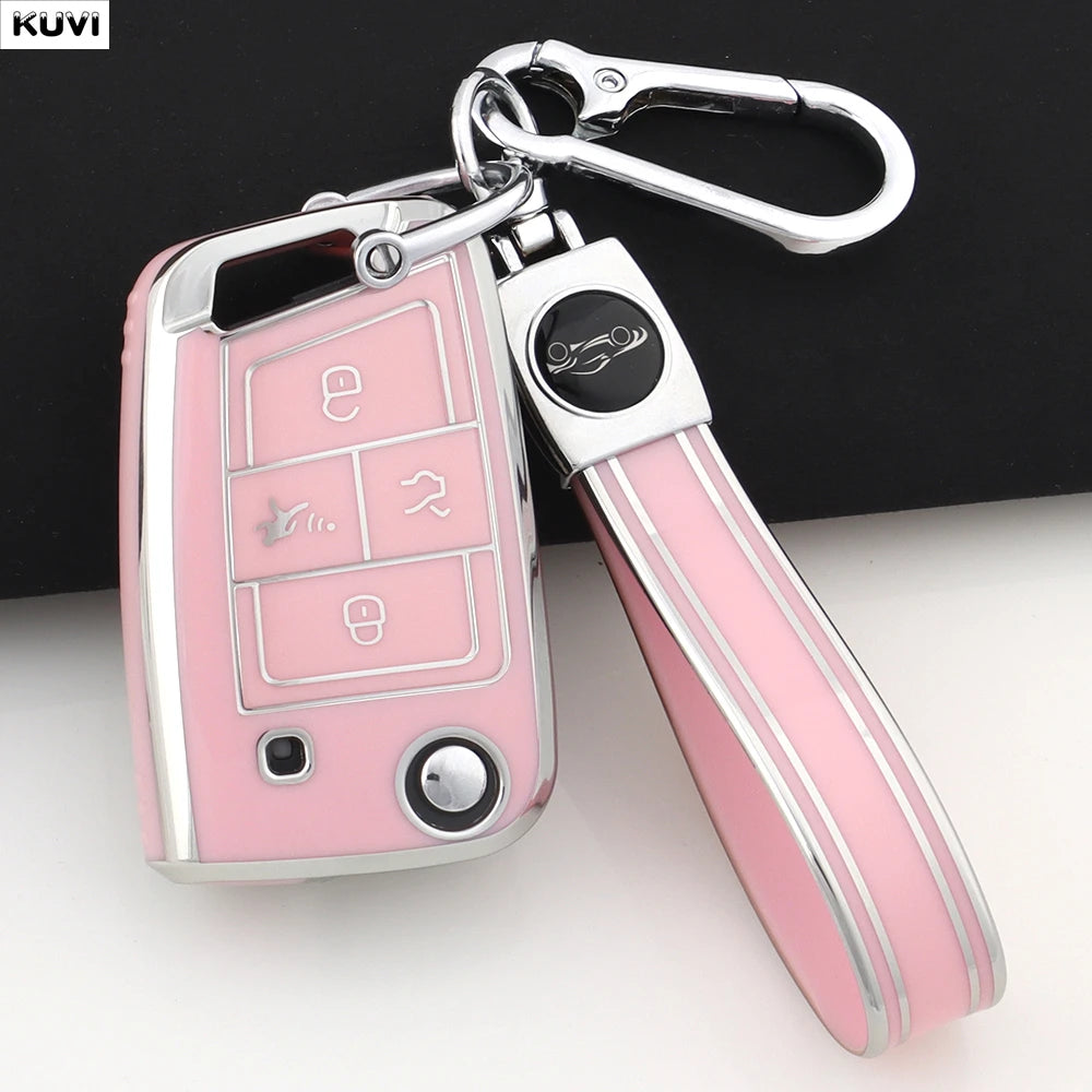 Silberne TPU-Schlüsselhülle für VW/Skoda-Schlüssel mit rosa Griff und Metallring.