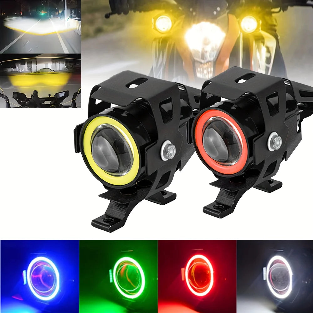 A set of universal LED motorcycle headlight spotlights showing various light patterns and installation views.