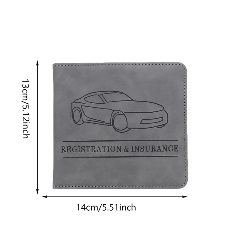 A gray PU leather document organizer featuring a silhouette of a car and the text Registration & Insurance.