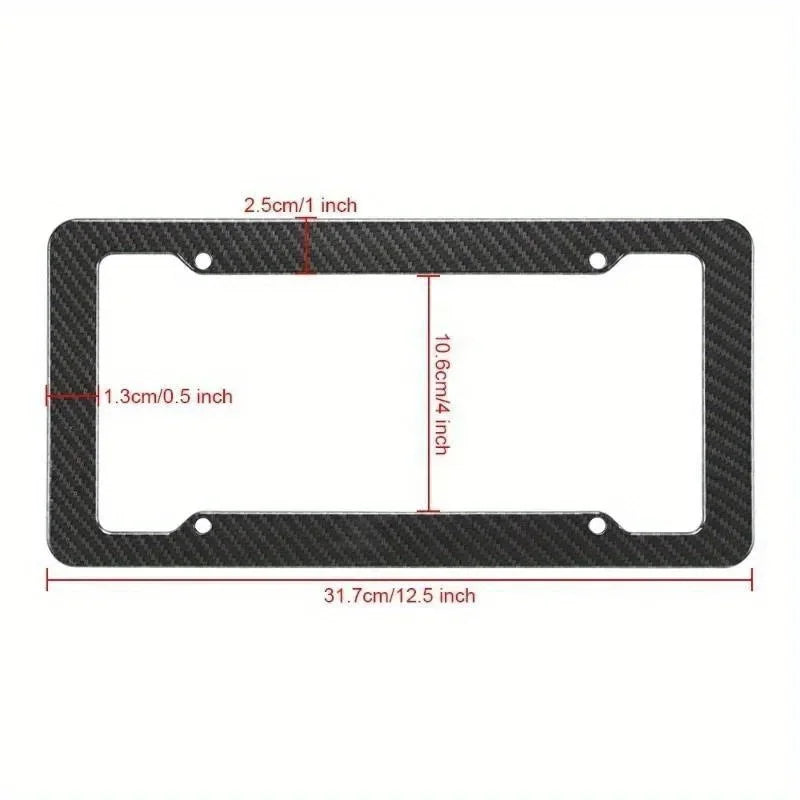 Black carbon fiber license plate frame with mounting hardware and dimensions
