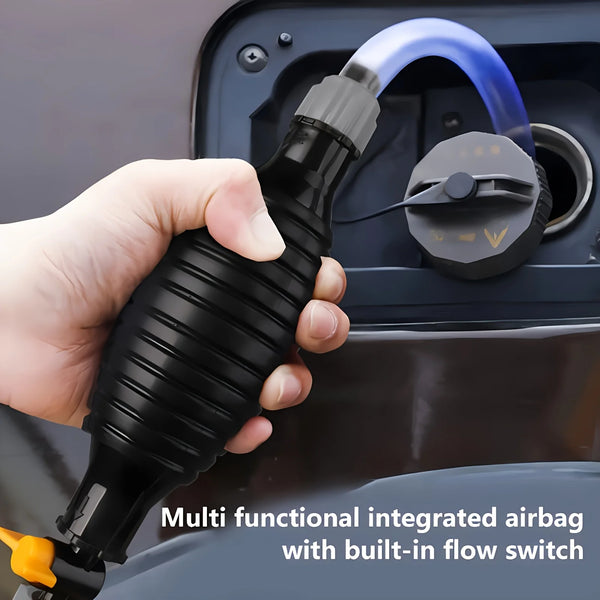 A hand holds a black multi functional integrated airbag with a built-in flow switch, ready for use.
