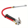 Handheld tire pressure gauge with a red and black dual chuck inflator hose