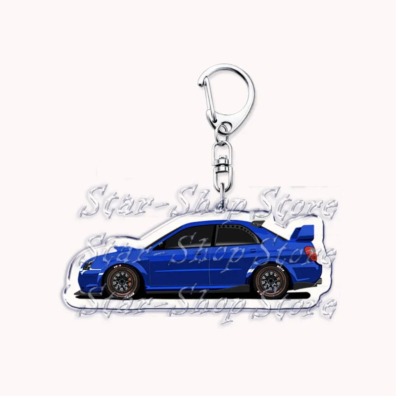 Silver acrylic keychain featuring a blue sports car model.