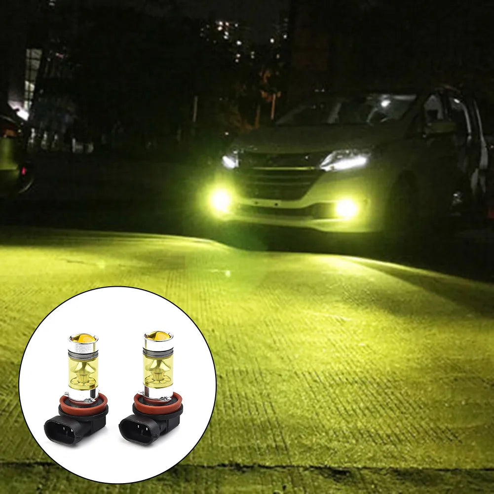 Two yellow LED fog light bulbs for high-performance H11/H8 automotive lighting.