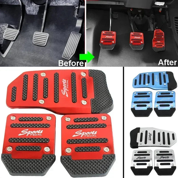 A set of red and black sports pedal covers for a car, shown before and after installation.
