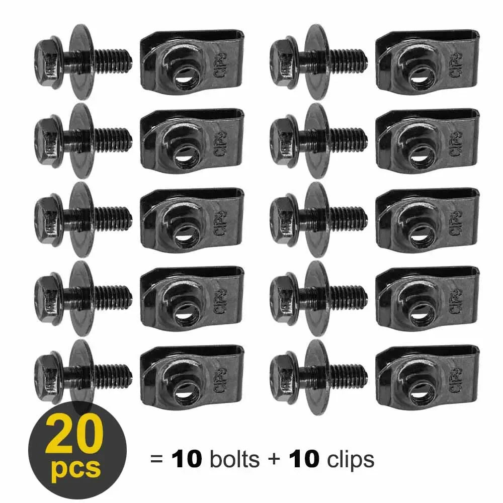 Un jeu de 20 fixations et clips pour carrosserie, incluant boulons et attaches.