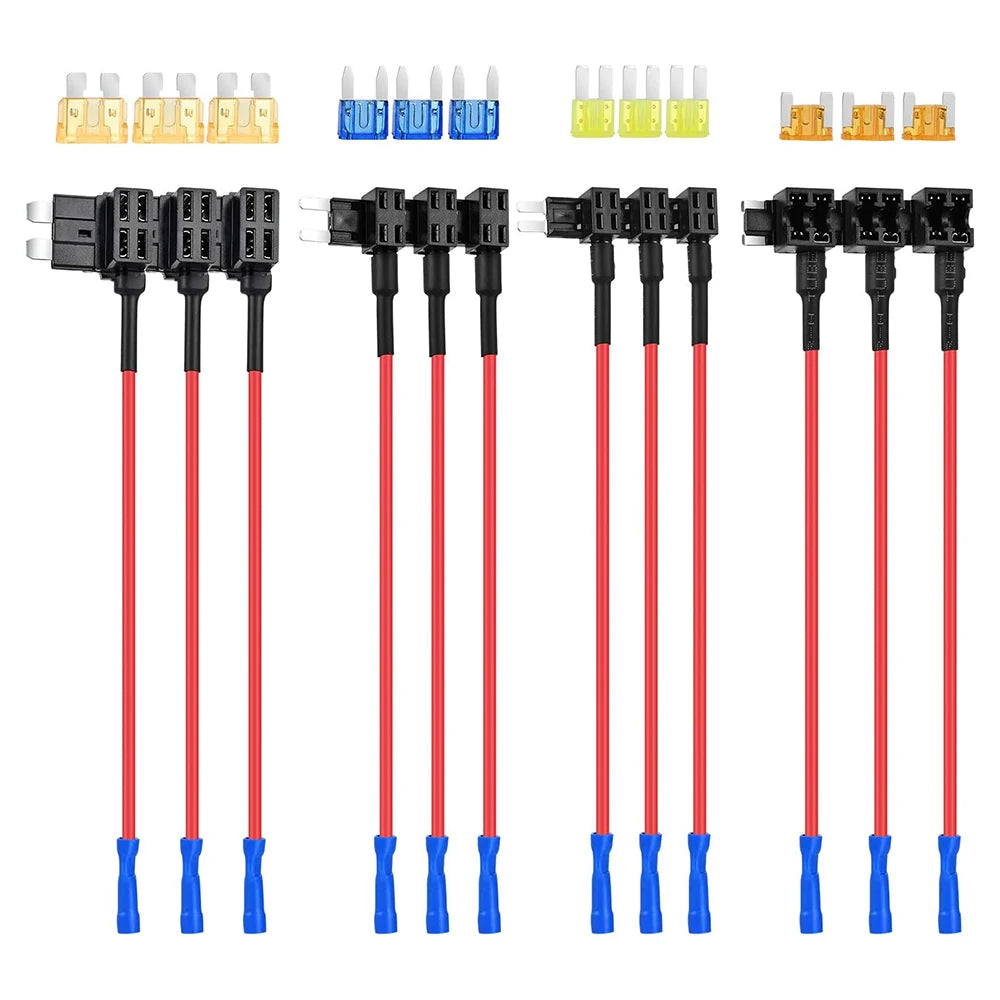 A collection of 12 pack multi-type fuse adapters featuring various colored plastic connectors and red wires.