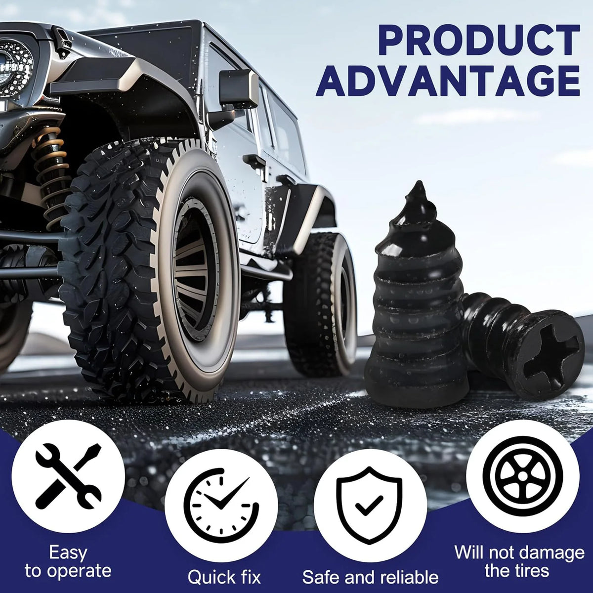 A product advantage graphic showing a tire repair kit with icons for easy operation, quick fix, and safe reliability.