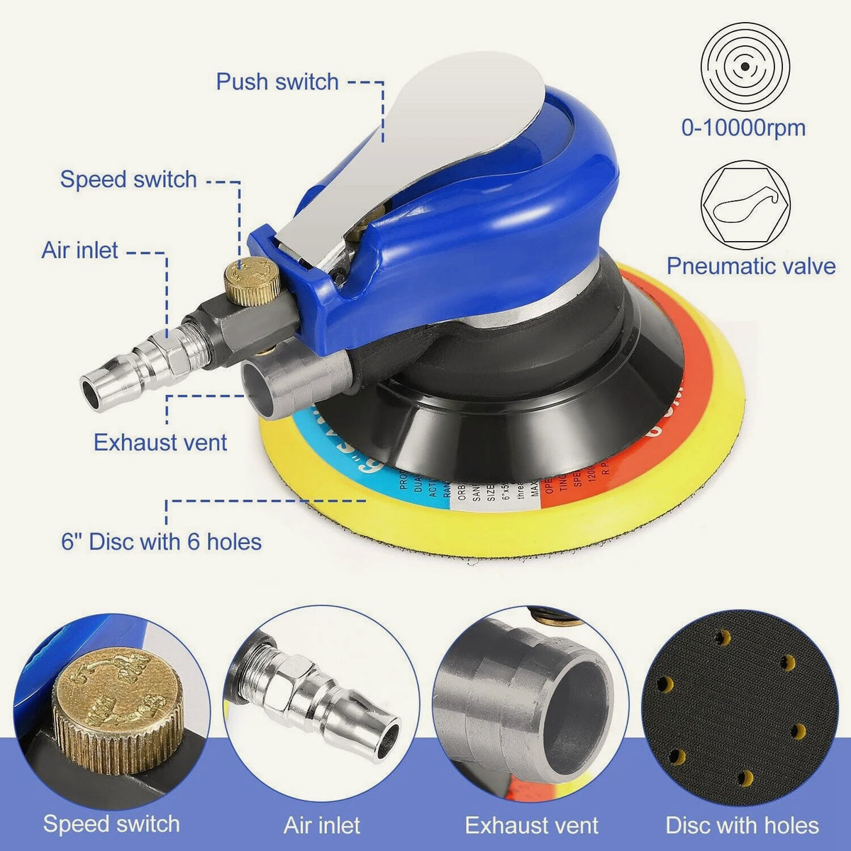 A professional pneumatic orbital sander showing various components including a push switch, speed switch, air inlet, exhaust 