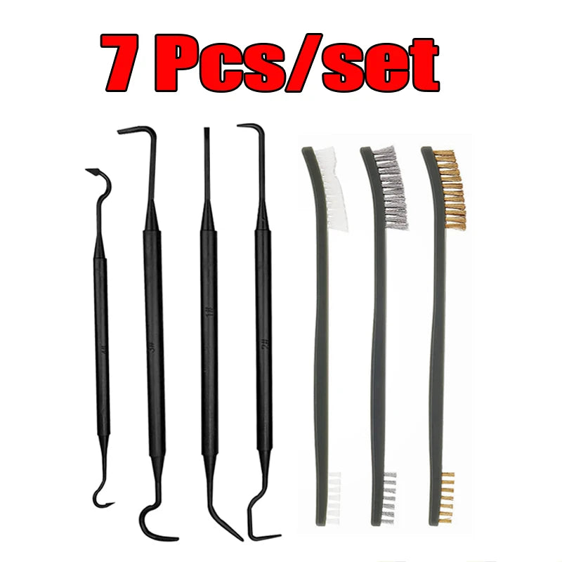A set of seven detailing brushes and picks for car cleaning.