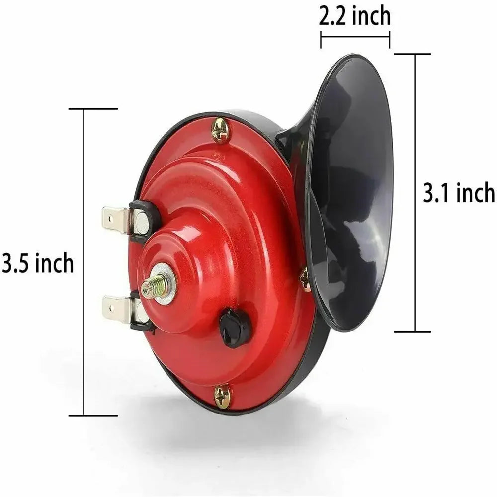 A red electric air horn kit with a black horn, shown with dimension lines.