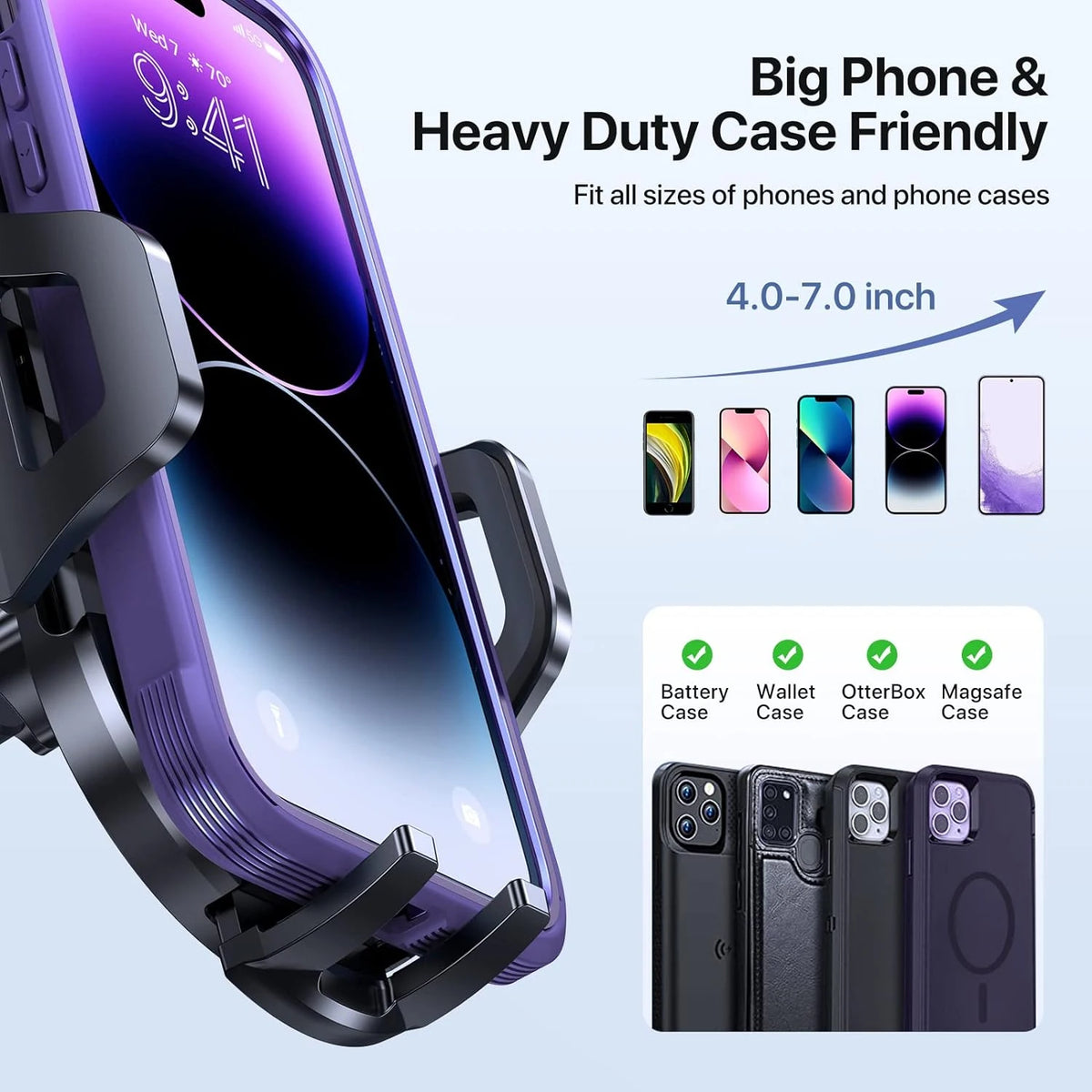 A purple phone case is shown with a black adjustable cup holder mount for a smartphone.