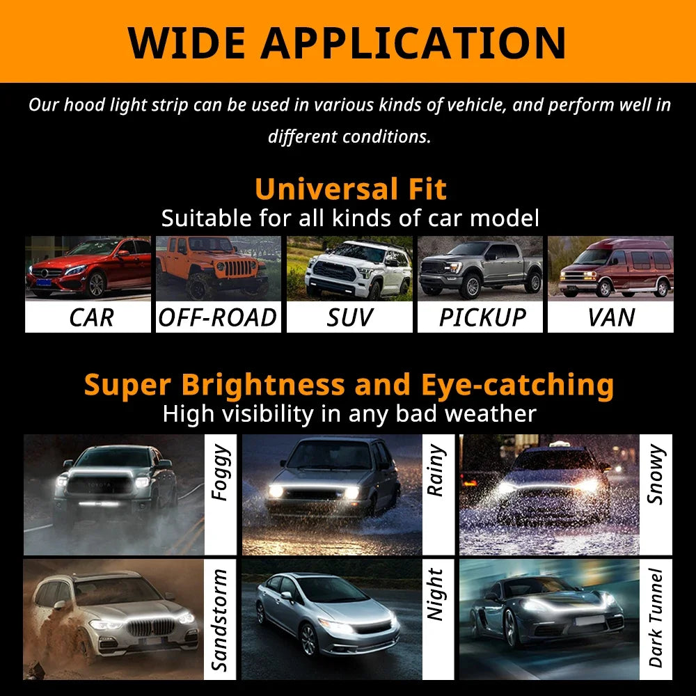 A display showing the wide application of a hood light strip on various vehicles including car, off-road, SUV, pickup, and va