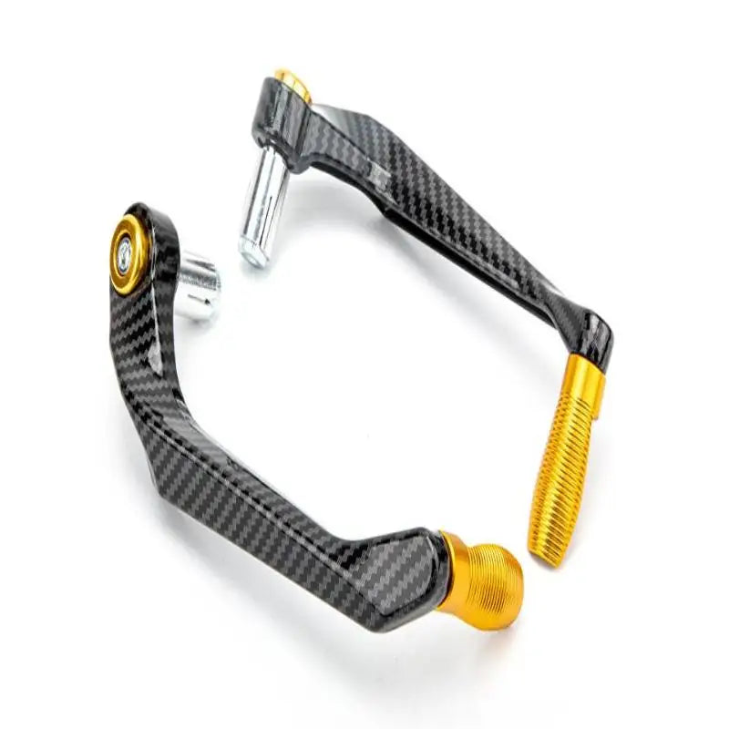 A black carbon fiber motorcycle hand guard and lever protector with gold accents.