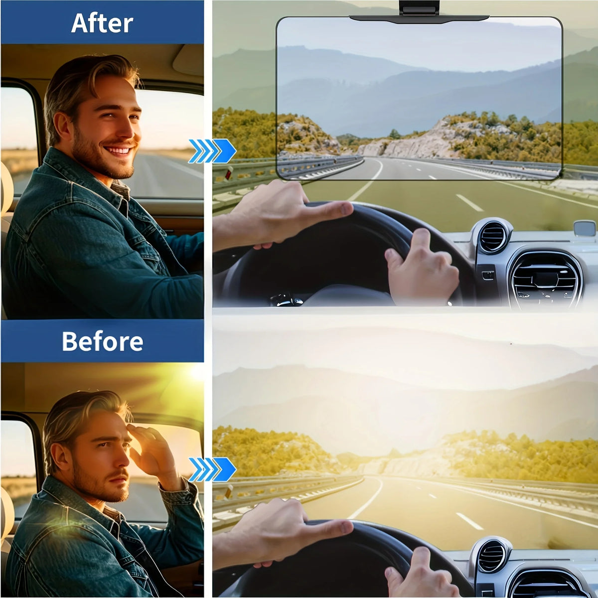 Comparison showing a person using a polarized car sun visor with UV protection before and after driving.