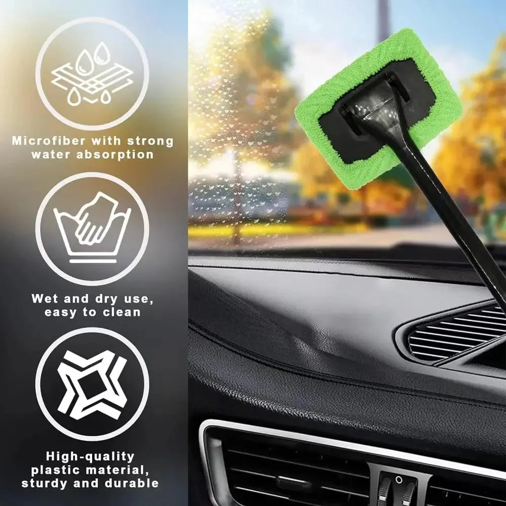 A green microfiber long-handle brush is shown cleaning a car window interior.
