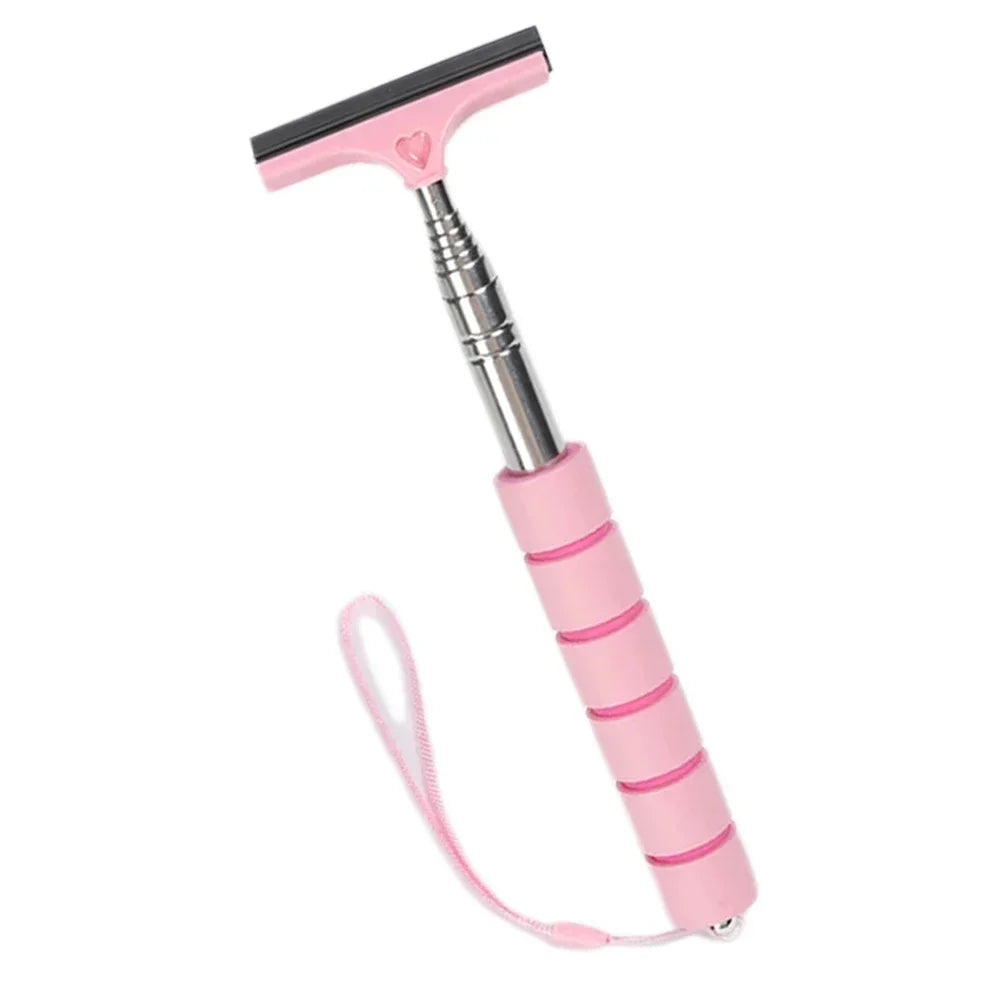 A pink telescopic window squeegee with a handle and cleaning blade.