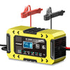 A yellow and black Foxsur 12V smart battery charger unit with red and black cables.