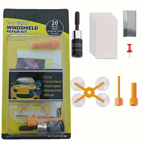 A repair kit for windshield chips and cracks including tools and materials.