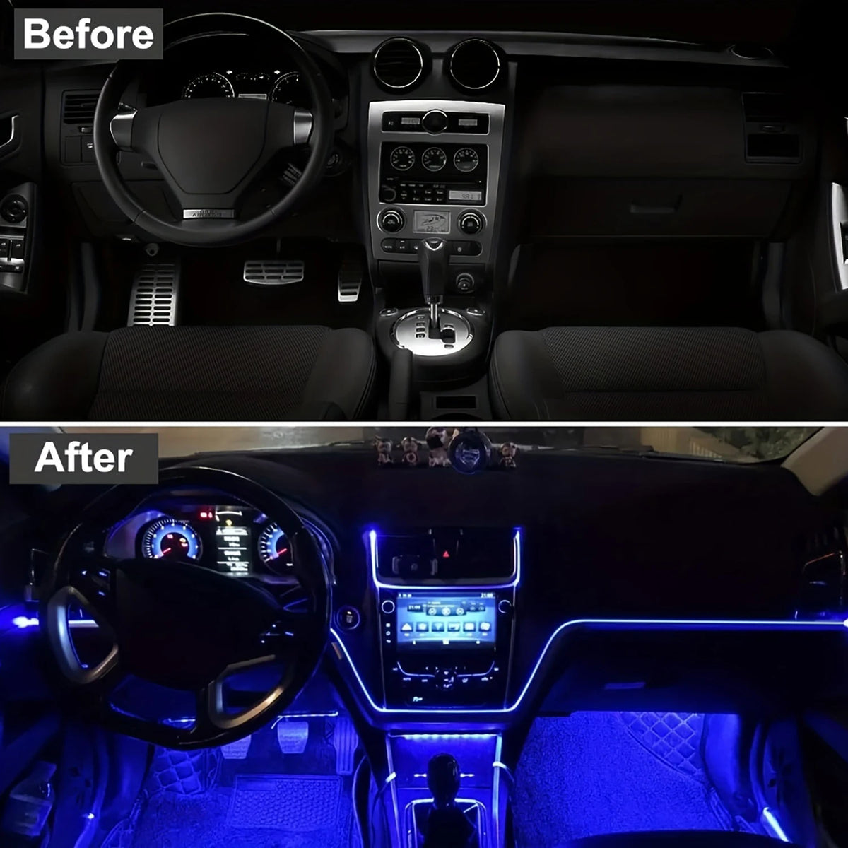 Before and after comparison of a car interior with flexible USB EL wire ambient light strips installed.
