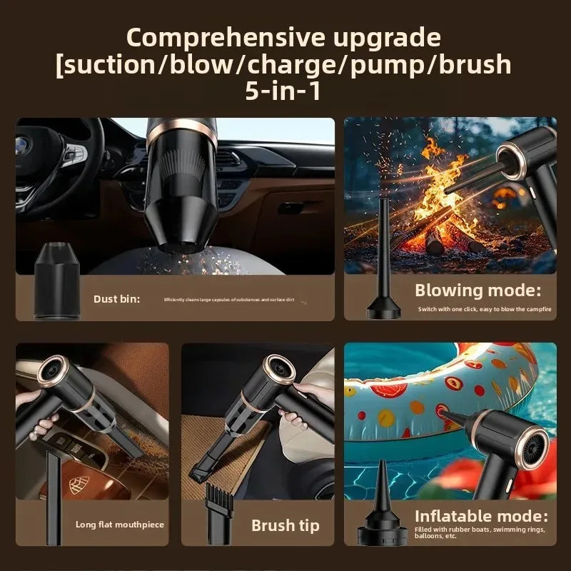 A set of 5-in-1 portable wireless cleaning tools including suction, blow, charge, pump, and brush tips for car vacuuming.