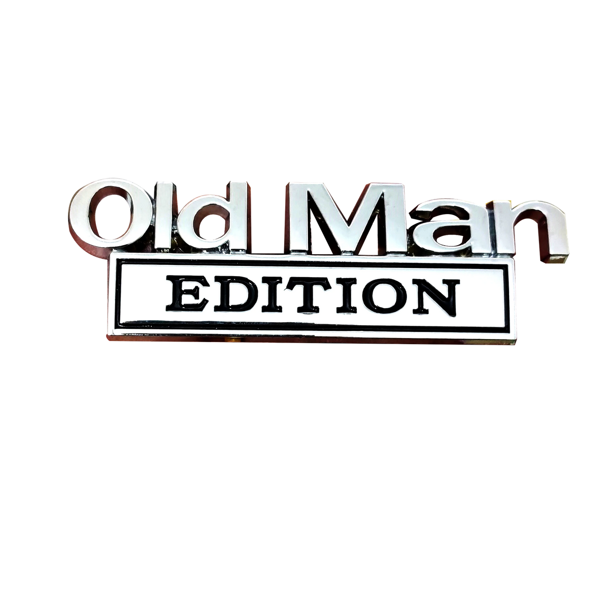 A 3D chrome Old Man edition emblem badge set with the word EDITION displayed on a rectangular plaque.