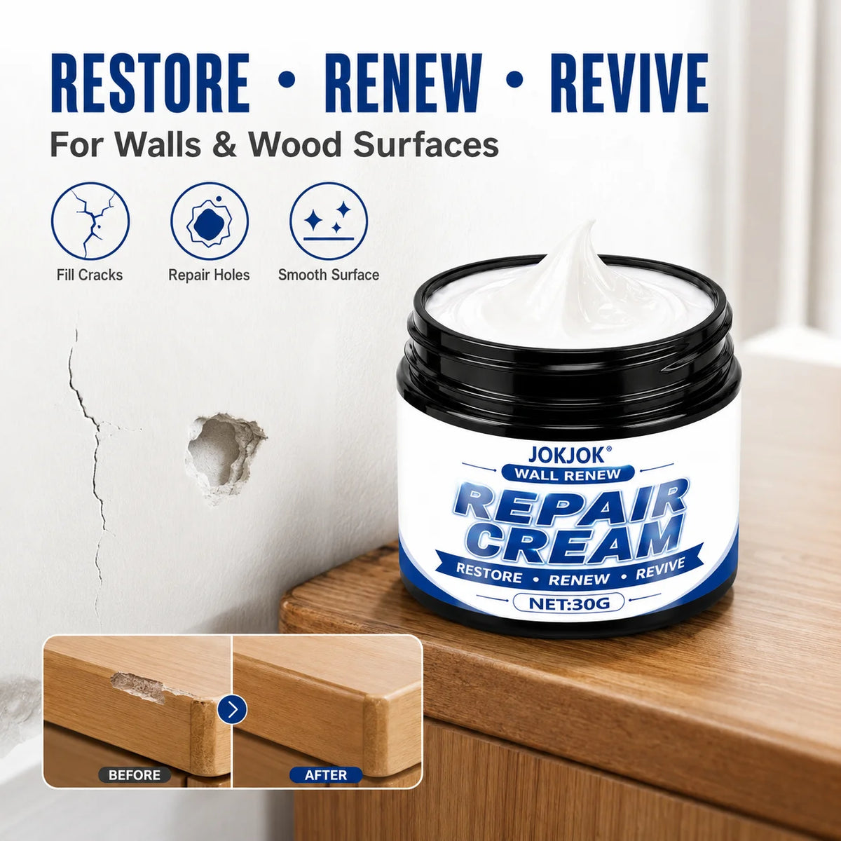 Jar of JOKJOK Wall Repair Cream for restoring, renewing, and reviving walls and wood surfaces