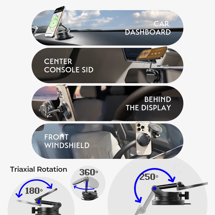 Diagram showing triaxial rotation angles for a MagSafe car wireless charger mount.