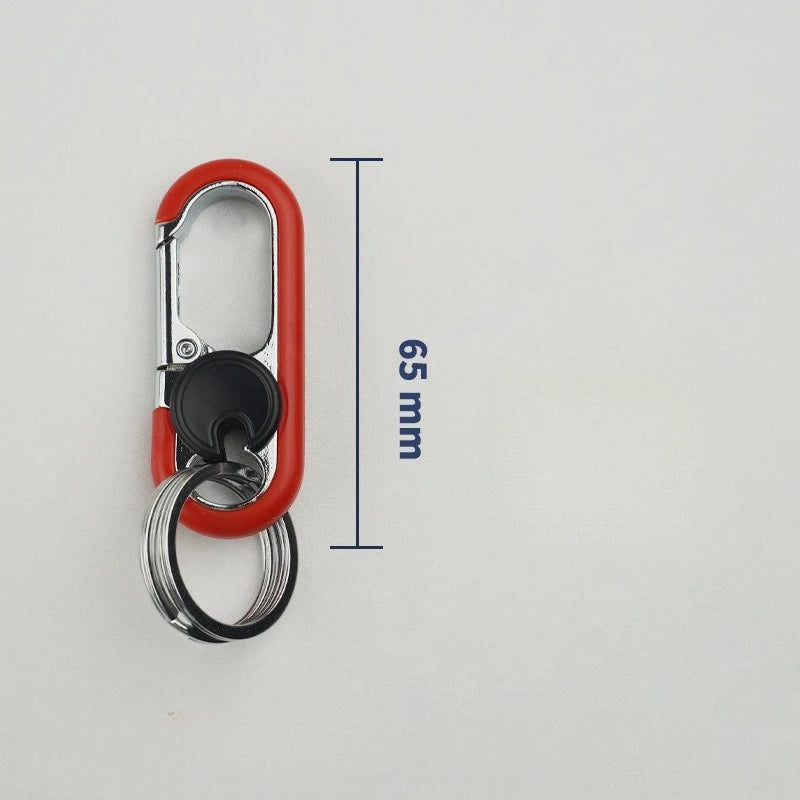 A red and silver rotatable lock carabiner keychain with a 65 mm dimension marker.