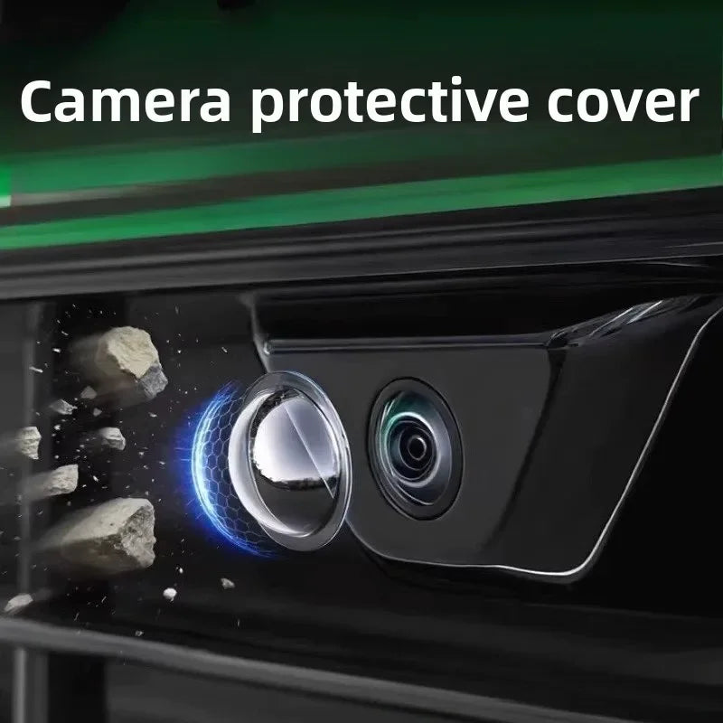 A camera protective cover is shown on a car's exterior, covering the camera lens.