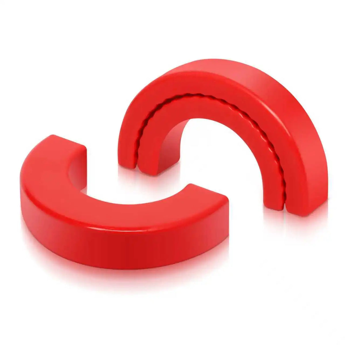 Red silicone tow hitch covers shaped like a hook and a curved piece.