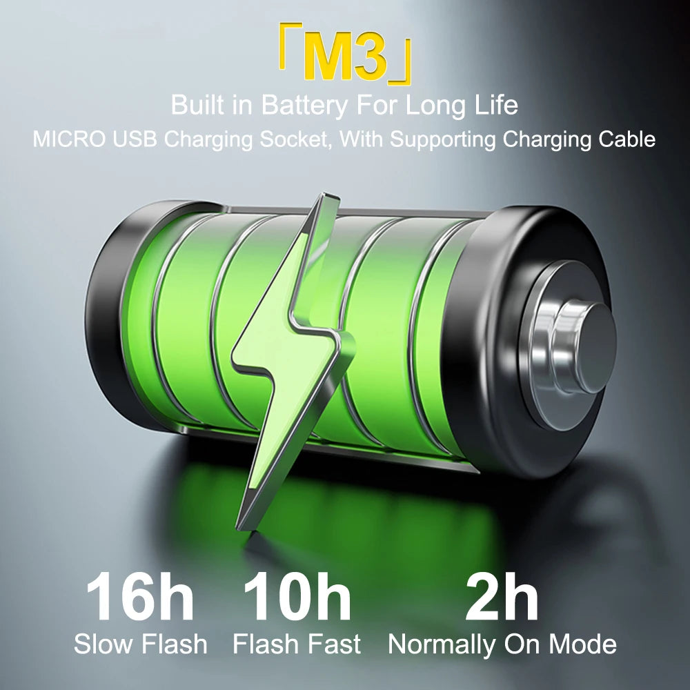 A green LED strobe light battery pack with a charging cable, showing different operating times for slow flash, flash fast, an