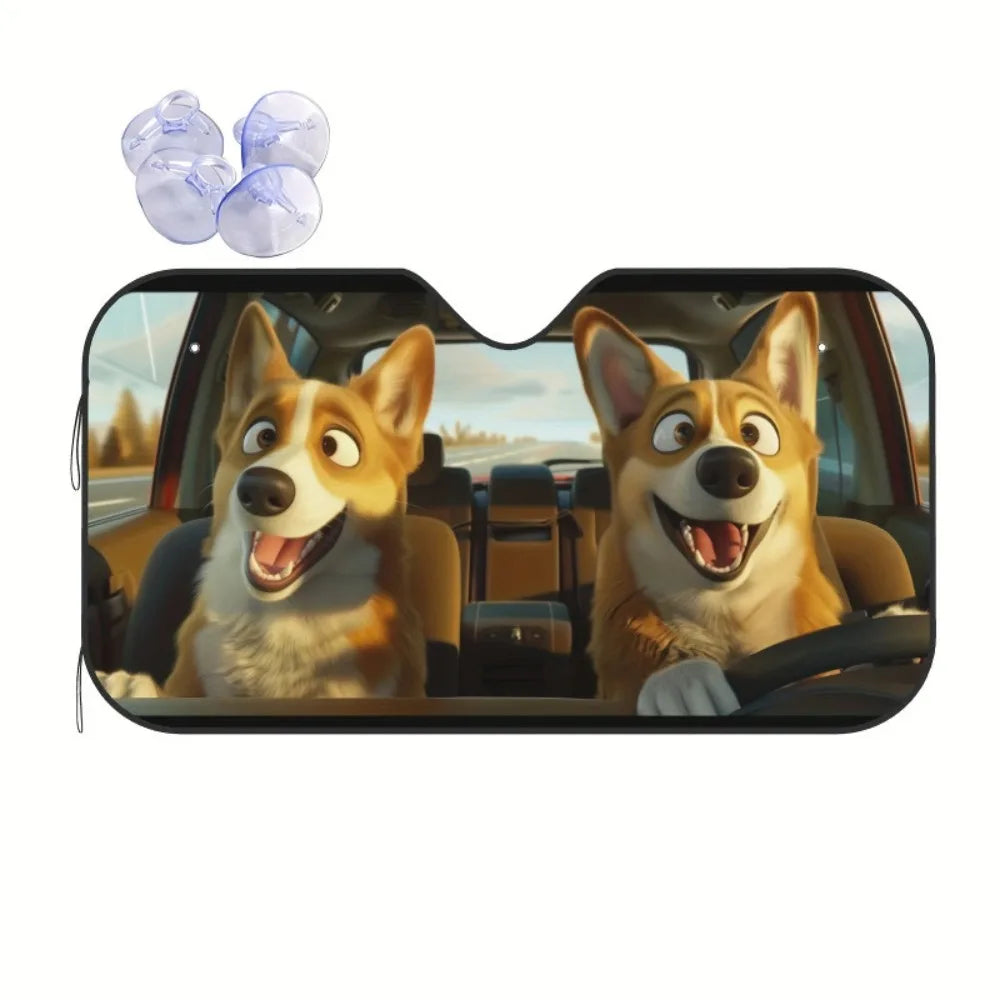 A foldable car windshield sun shade is shown with purple and clear silicone components.