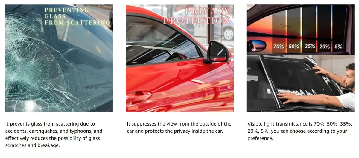 Nahaufnahme eines roten Autoscheibes, das Lichtdurchlässigkeits-Prozente für den Schutz der Privatsphäre zeigt.