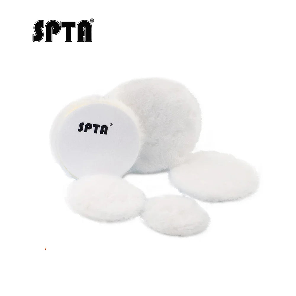 White felt polishing pads for car buffing with the SPTA logo visible.