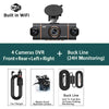 Caméra dashcam DVR 4 canaux noire avec multiple caméras et ligne de batterie pour surveillance 24h.