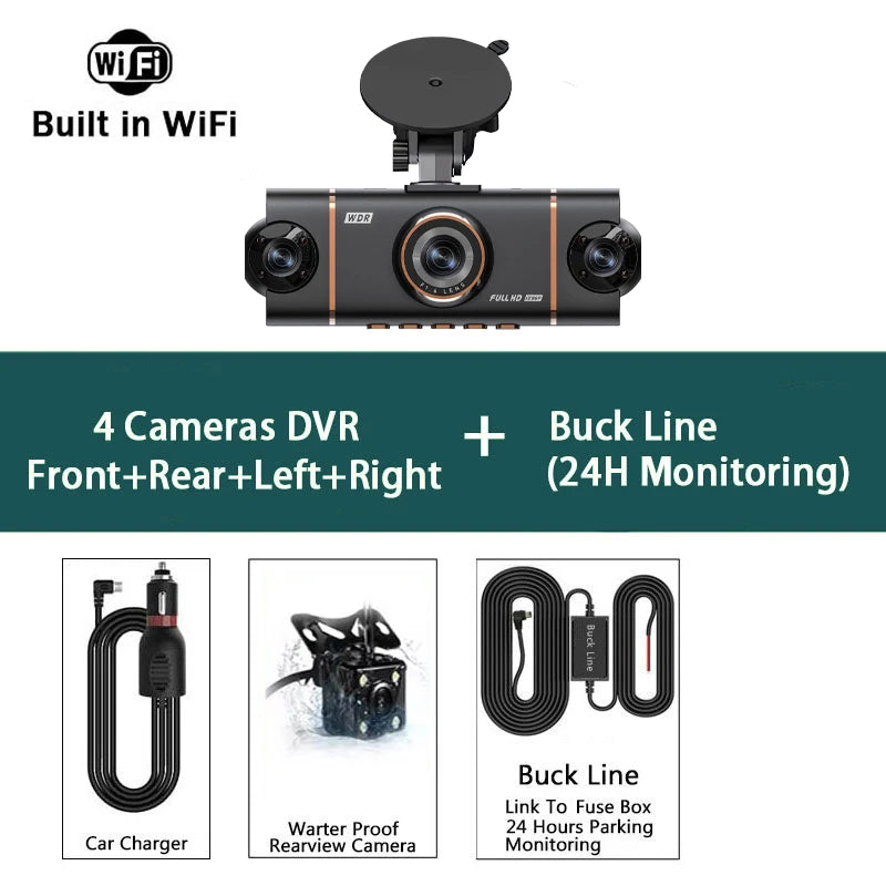 Caméra dashcam DVR 4 canaux noire avec multiple caméras et ligne de batterie pour surveillance 24h.