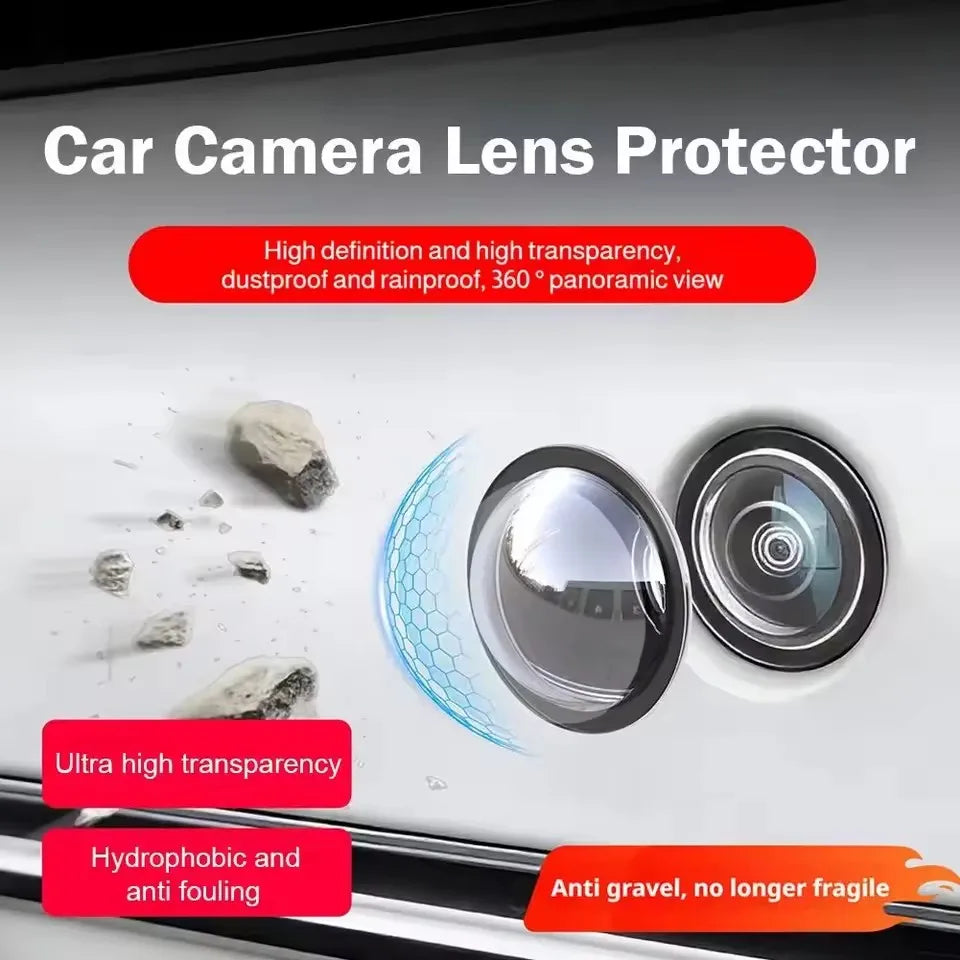 A close-up view of a car camera lens protector designed for high definition, dustproof, and waterproof panoramic viewing.