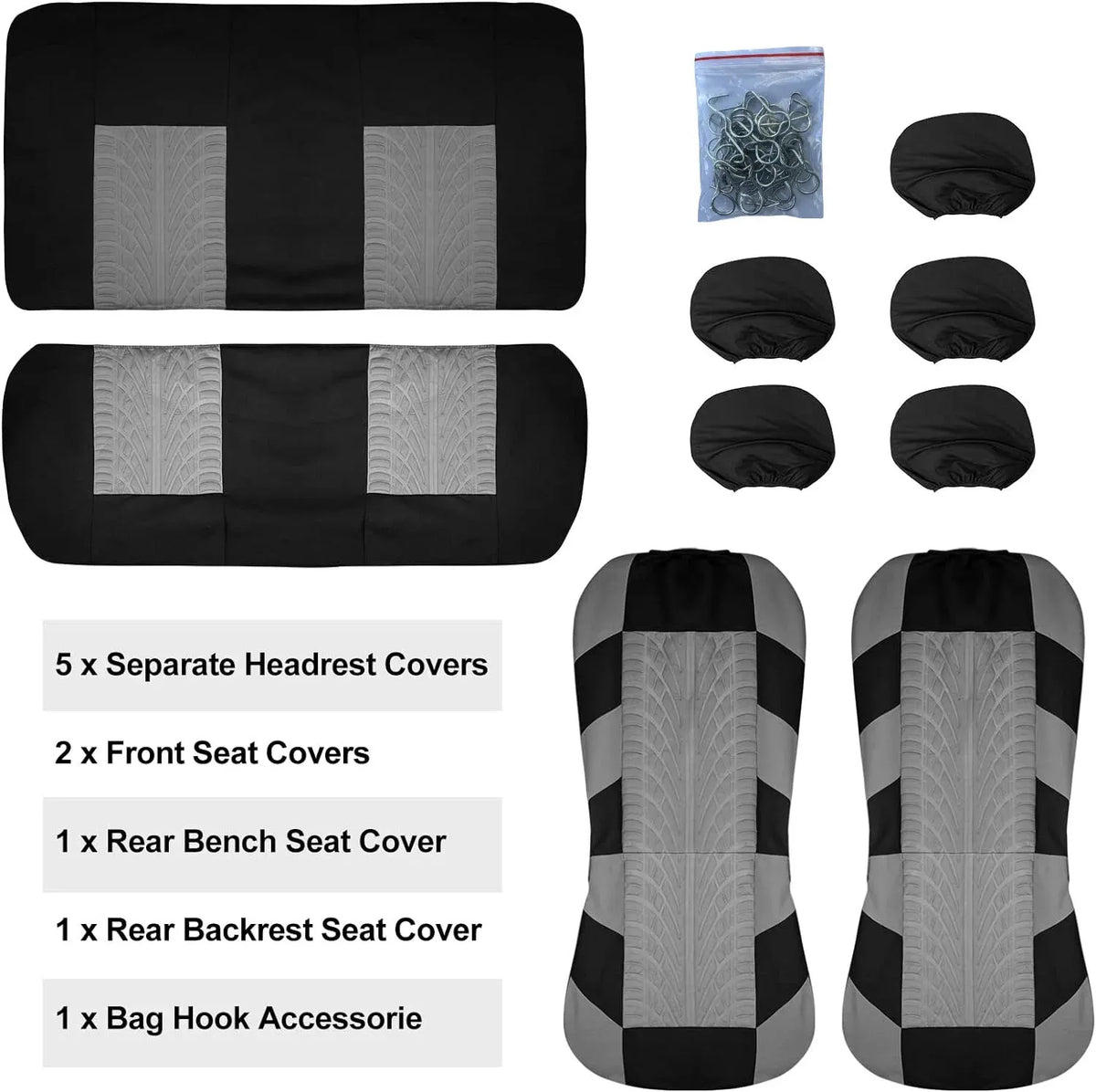 Set of black car seat covers including headrest, front seat, rear bench, rear backrest, and a bag hook accessory
