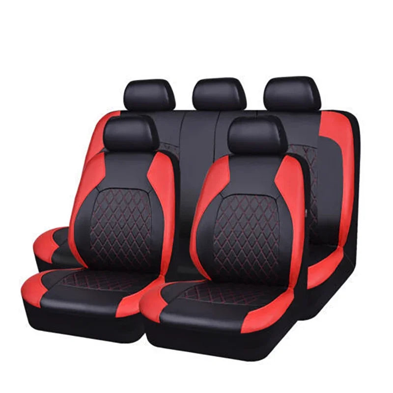 Black and red full coverage PU leather car seat covers with five individual seat cushions