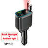 A black Roof Starlight ambient light Type-C2 car charger with a digital voltmeter and three retractable cables.