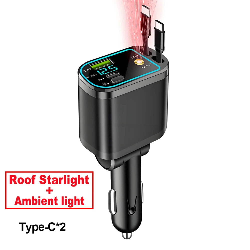 A black Roof Starlight ambient light Type-C2 car charger with a digital voltmeter and three retractable cables.