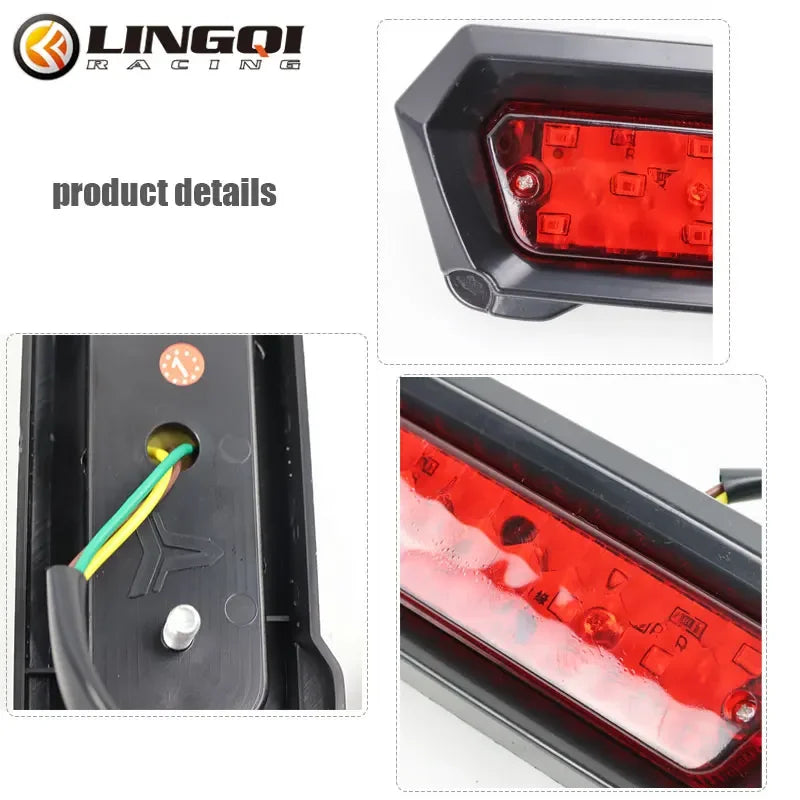 Close-up view of a universal LED motorcycle brake tail light assembly with a red lens and black housing.