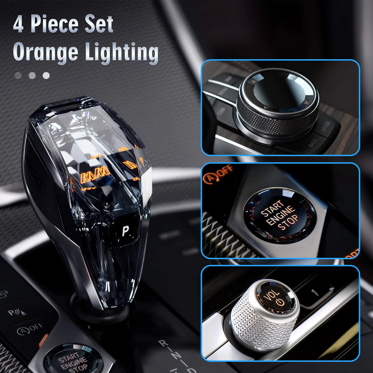 A close-up of a clear crystal gear shift knob with orange lighting installed in a car interior.