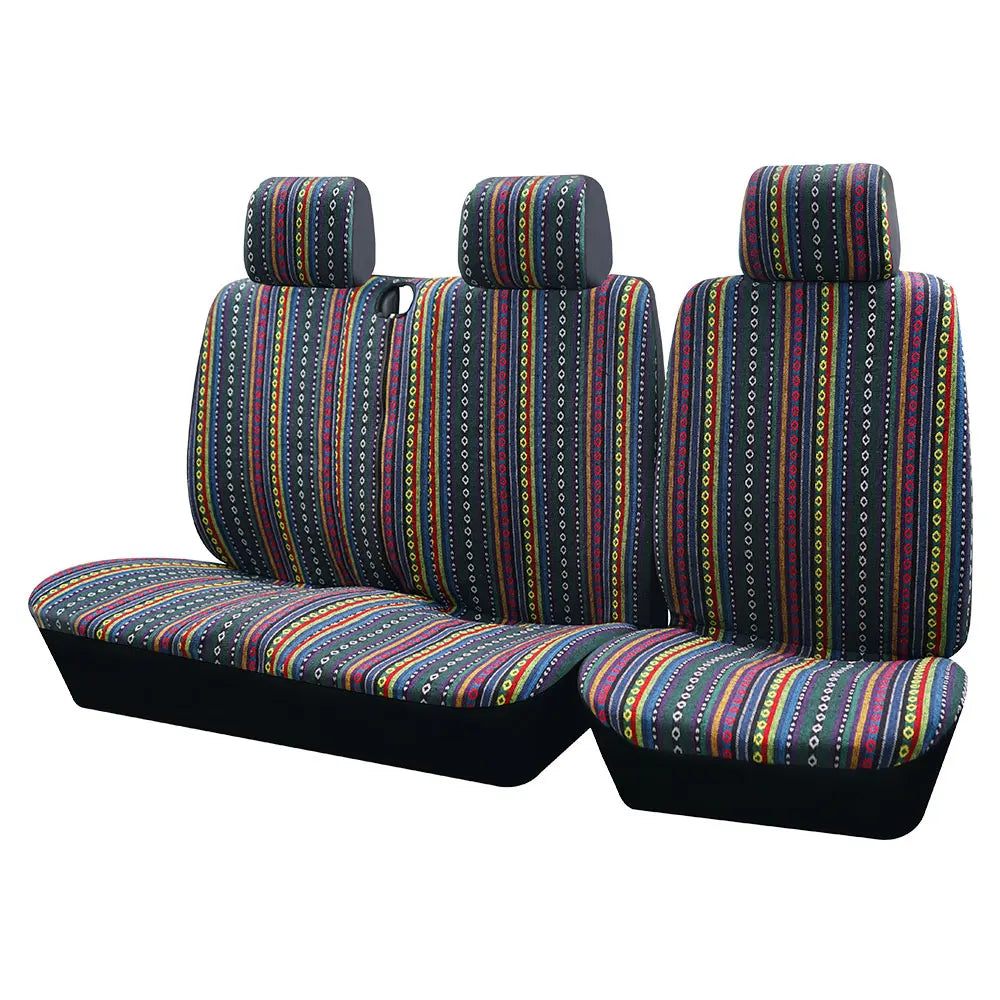 A set of striped universal seat covers featuring multicolored vertical stripes for vans and trucks.