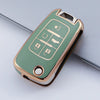 A light green TPU key fob case with gold accents and various buttons for Chevrolet and GMC models.