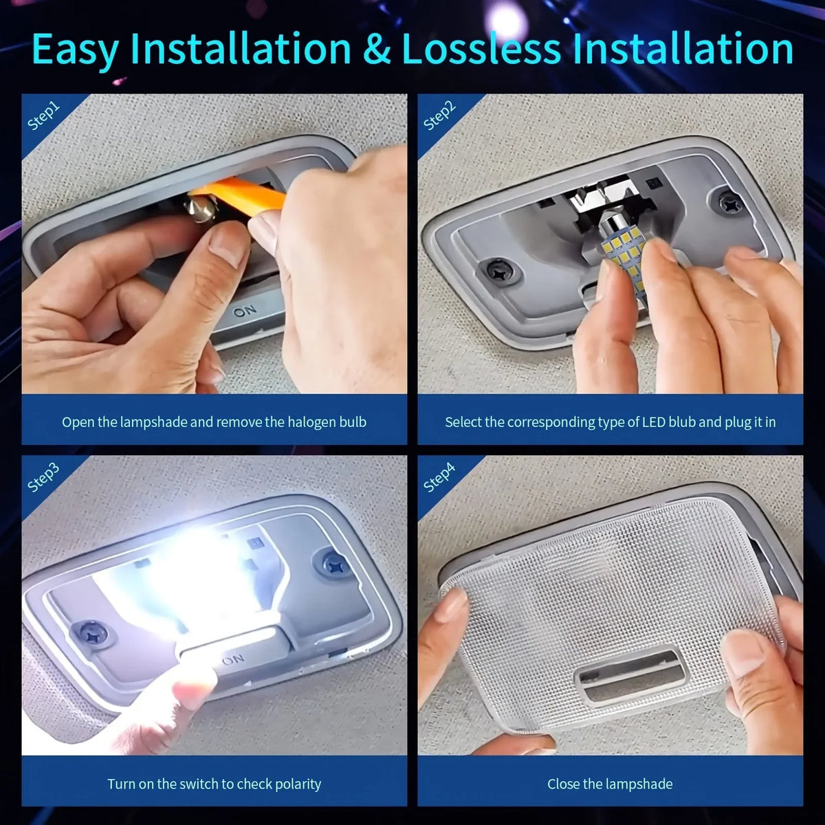Step-by-step guide showing how to install a LED replacement bulb in a lampshade.