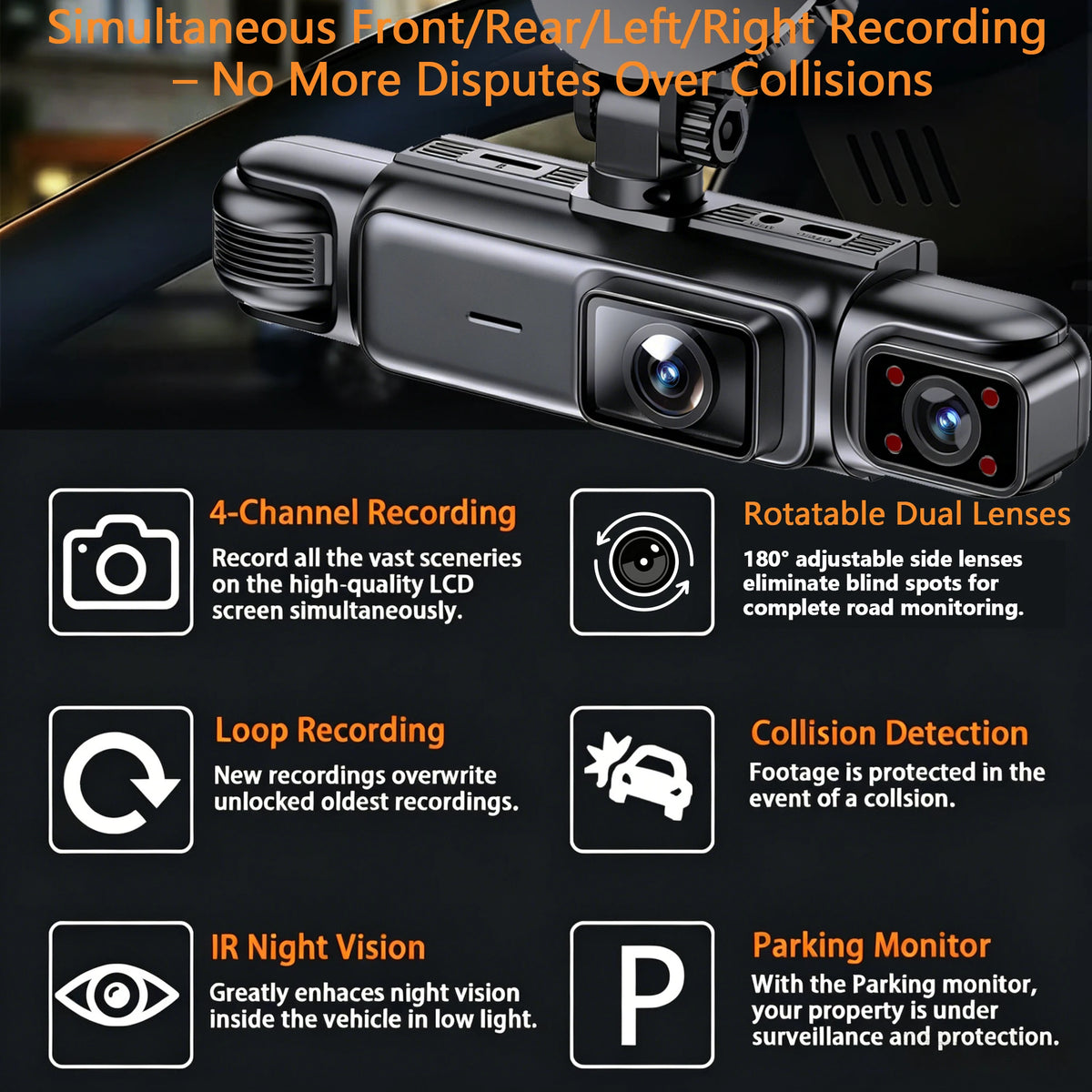 Caméra dashcam noire avec enregistrement 4 canaux, boucle, vision nocturne IR et surveillance de stationnement.
