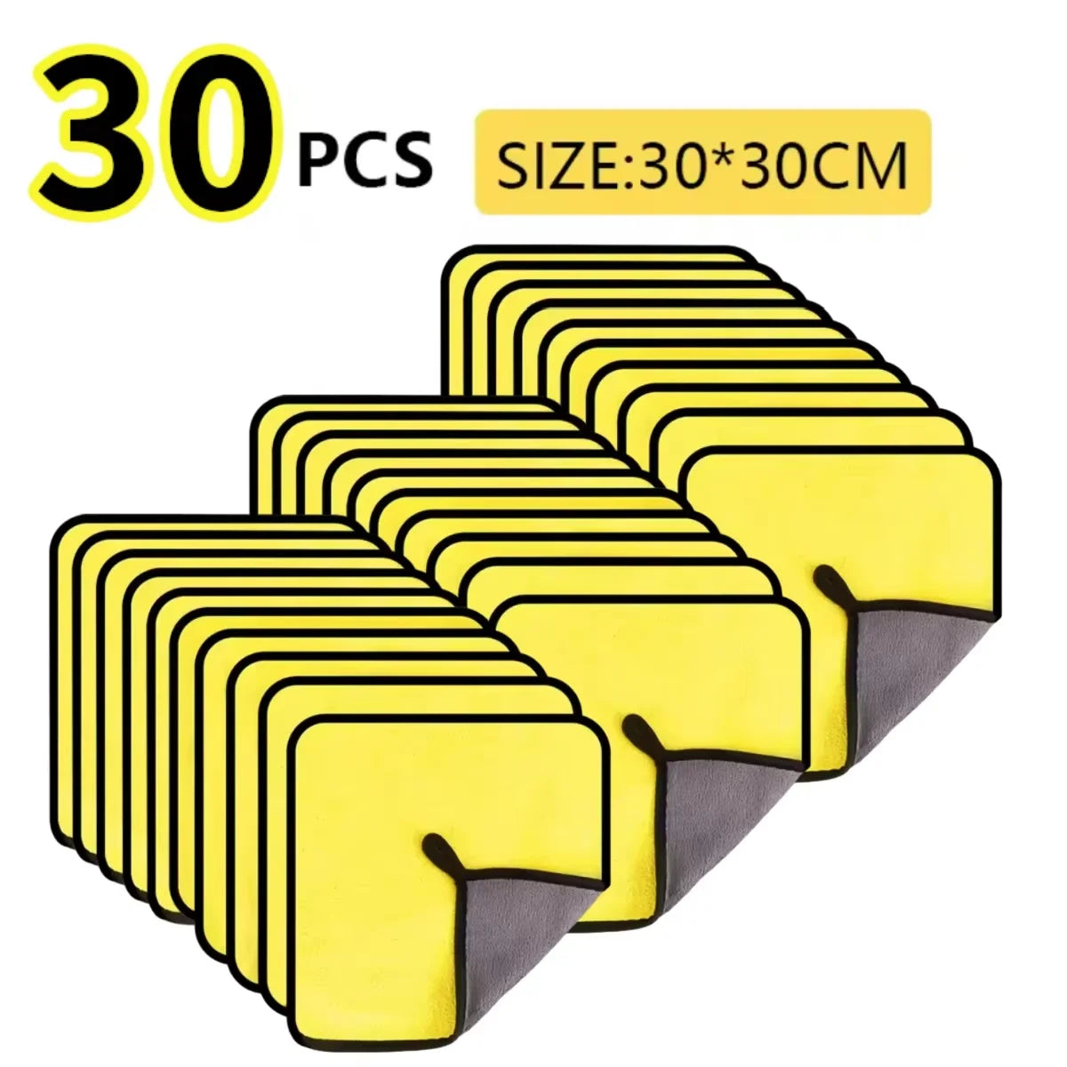A set of 30 yellow microfiber car cleaning towels, measuring 30x30cm.